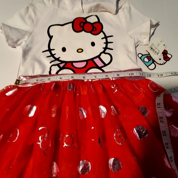 Hello Kitty Hooded Dress XS Red Tulle Skirt White Top Short Sleeves Kids Outfit - Picture 4 of 8